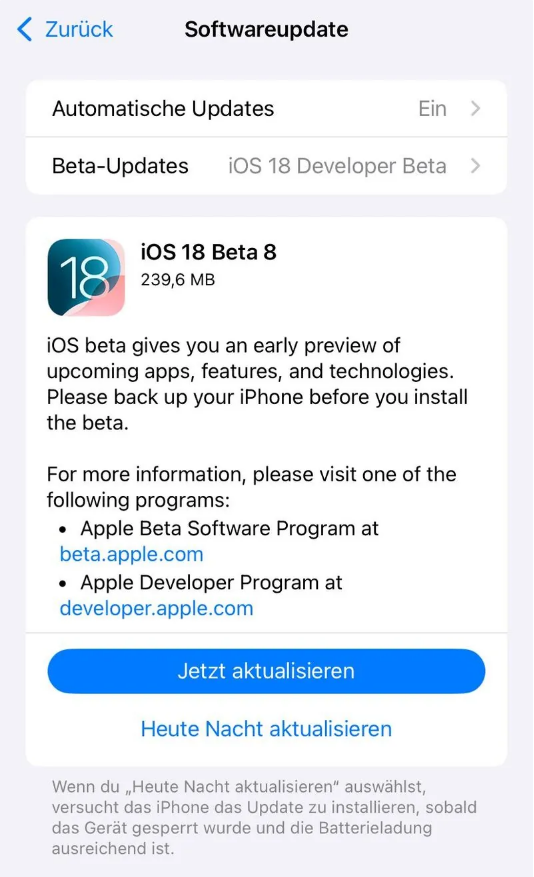 泉州苹果手机维修分享苹果 iOS / iPadOS 18 开发者预览版 Beta 8 发布 